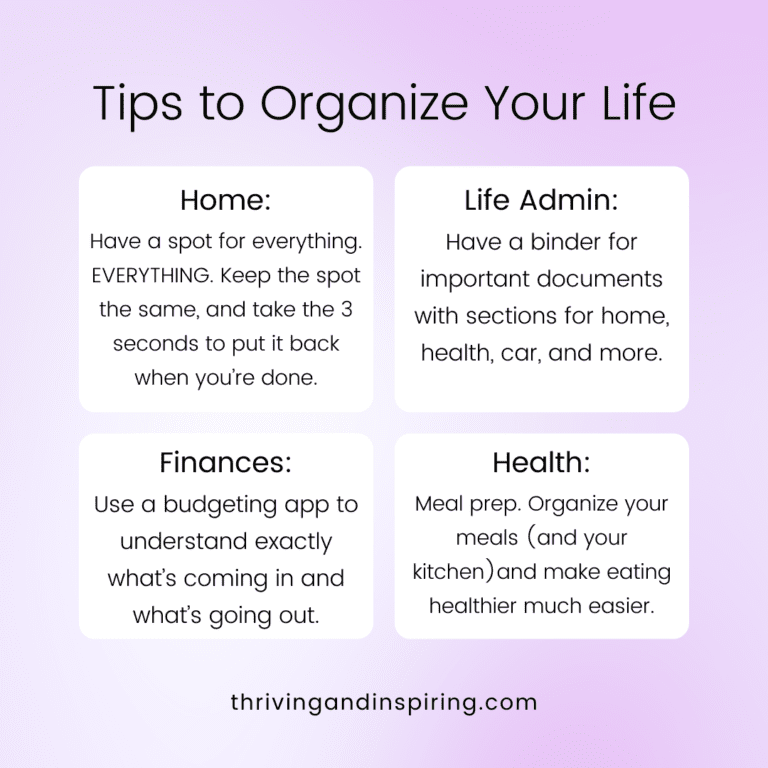 tips to organize your home, schedule, finances and health graphic