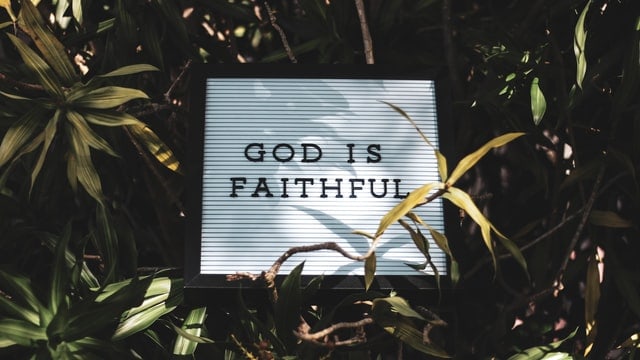 sign in foliage that reads "God is faithful"