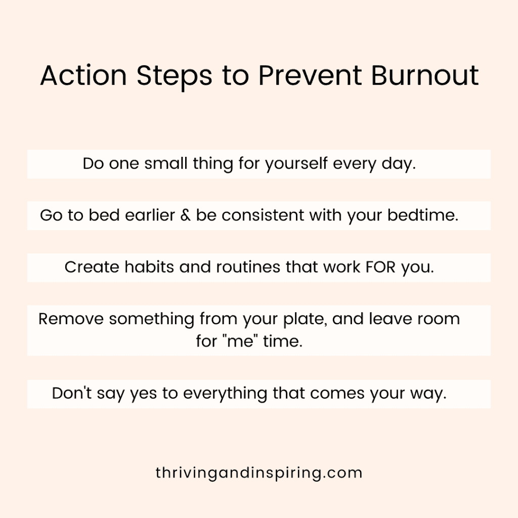 Action steps to prevent burnout infographic