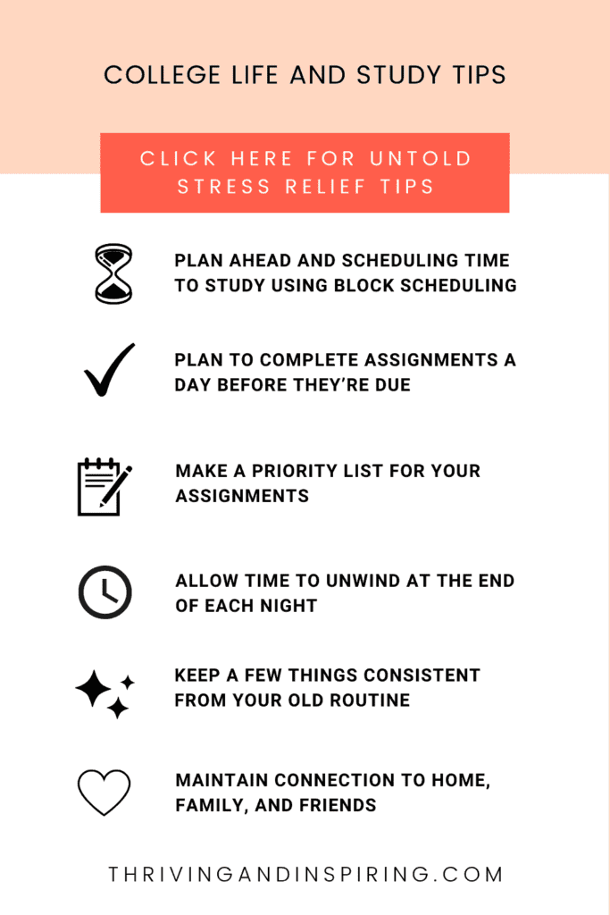 Stress relieving study tips for college students pin graphic